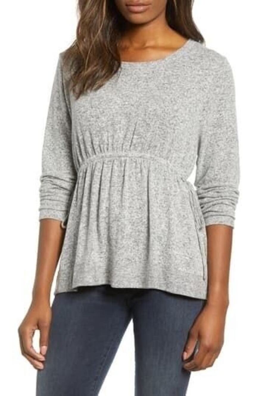 Caslon Gray Knit Cinched Tie Waist Long Sleeve Peplum Top Women's Size XS